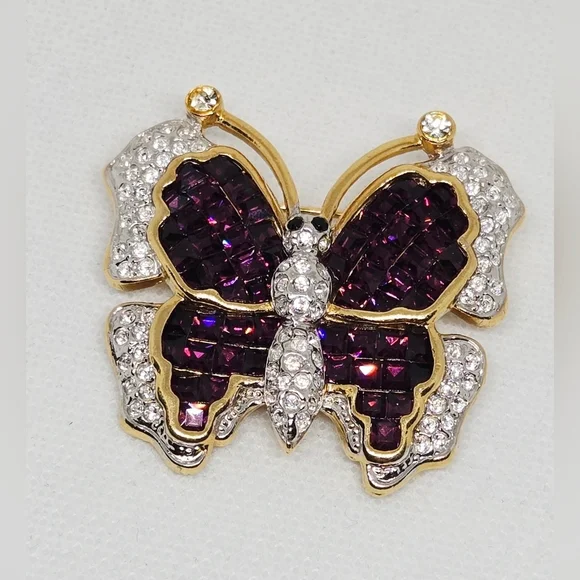 Purple Rhinestone Butterfly Brooch Gold Tone Crystal Statement Pin - Picture 3 of 10